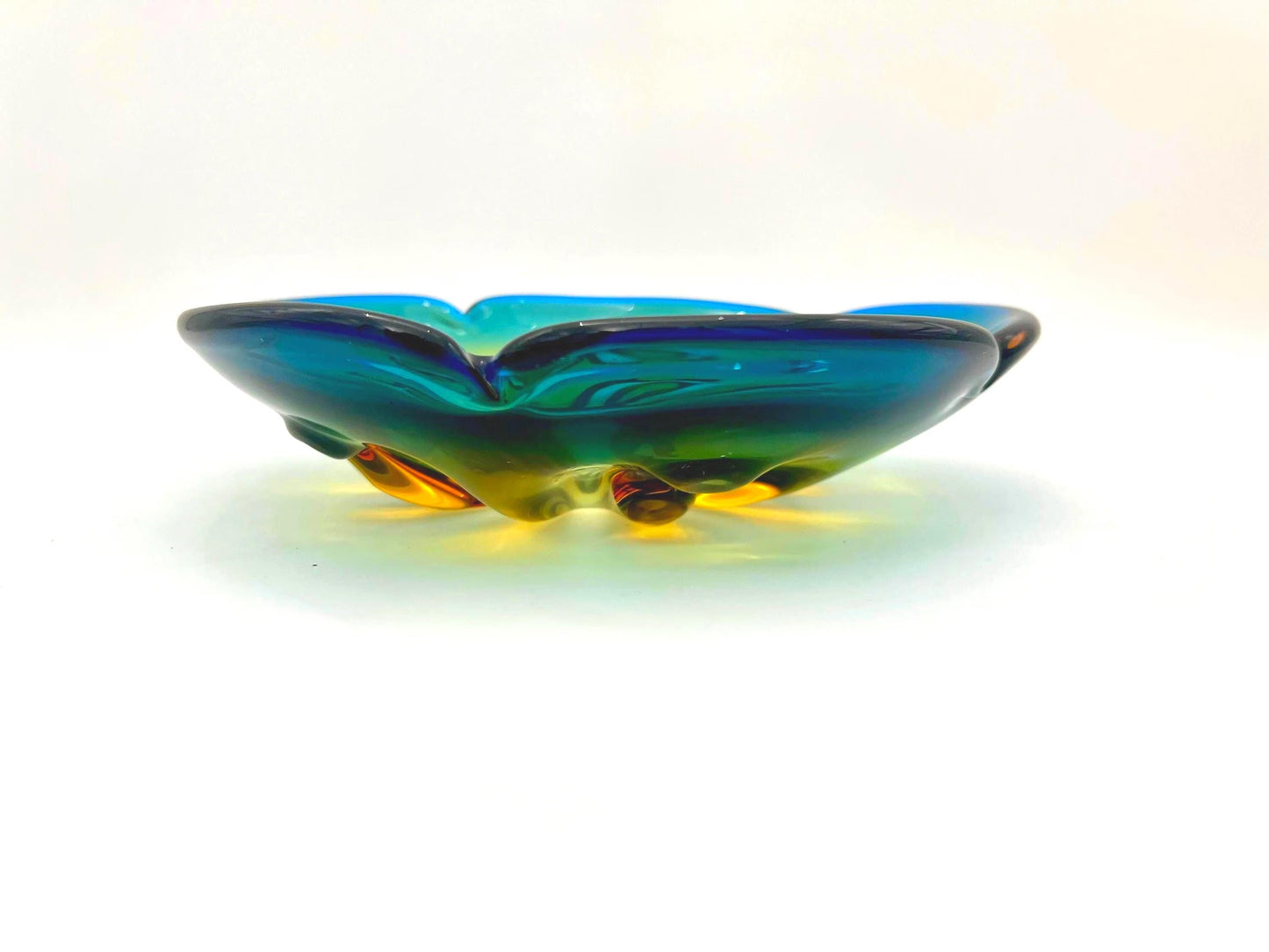 Large vintage art glass bowl with a smooth ombre transition from deep teal green to warm amber.