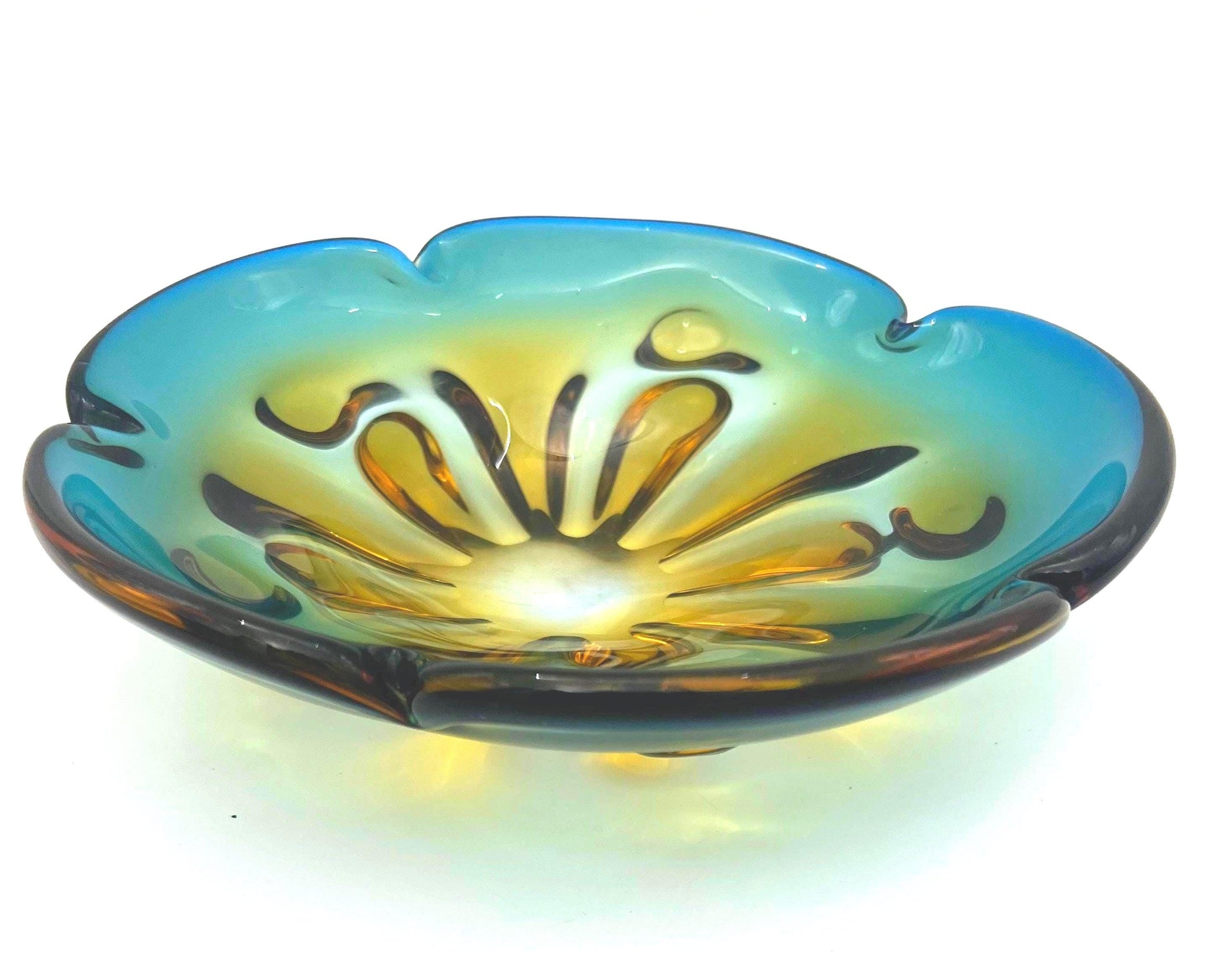 Large vintage art glass bowl with a smooth ombre transition from deep teal green to warm amber.