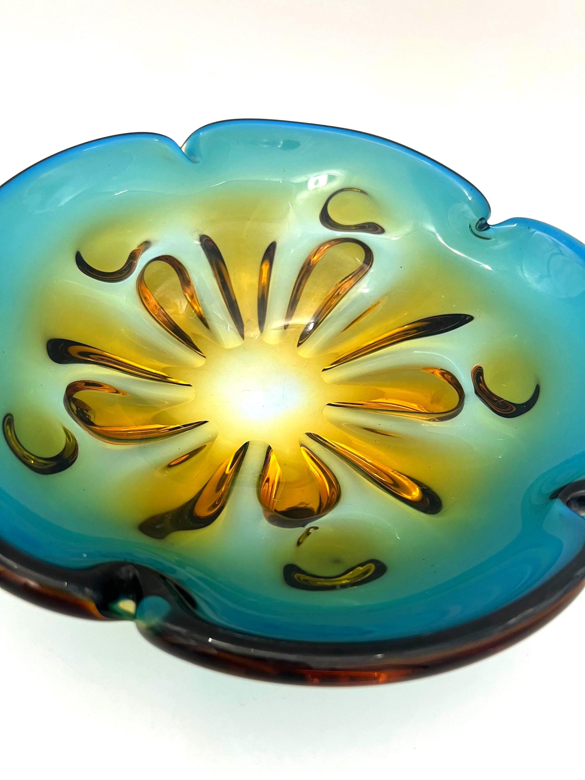 Large vintage art glass bowl with a smooth ombre transition from deep teal green to warm amber.