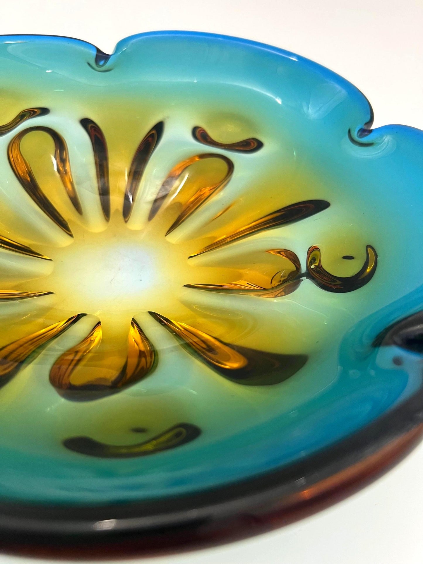 Large vintage art glass bowl with a smooth ombre transition from deep teal green to warm amber.
