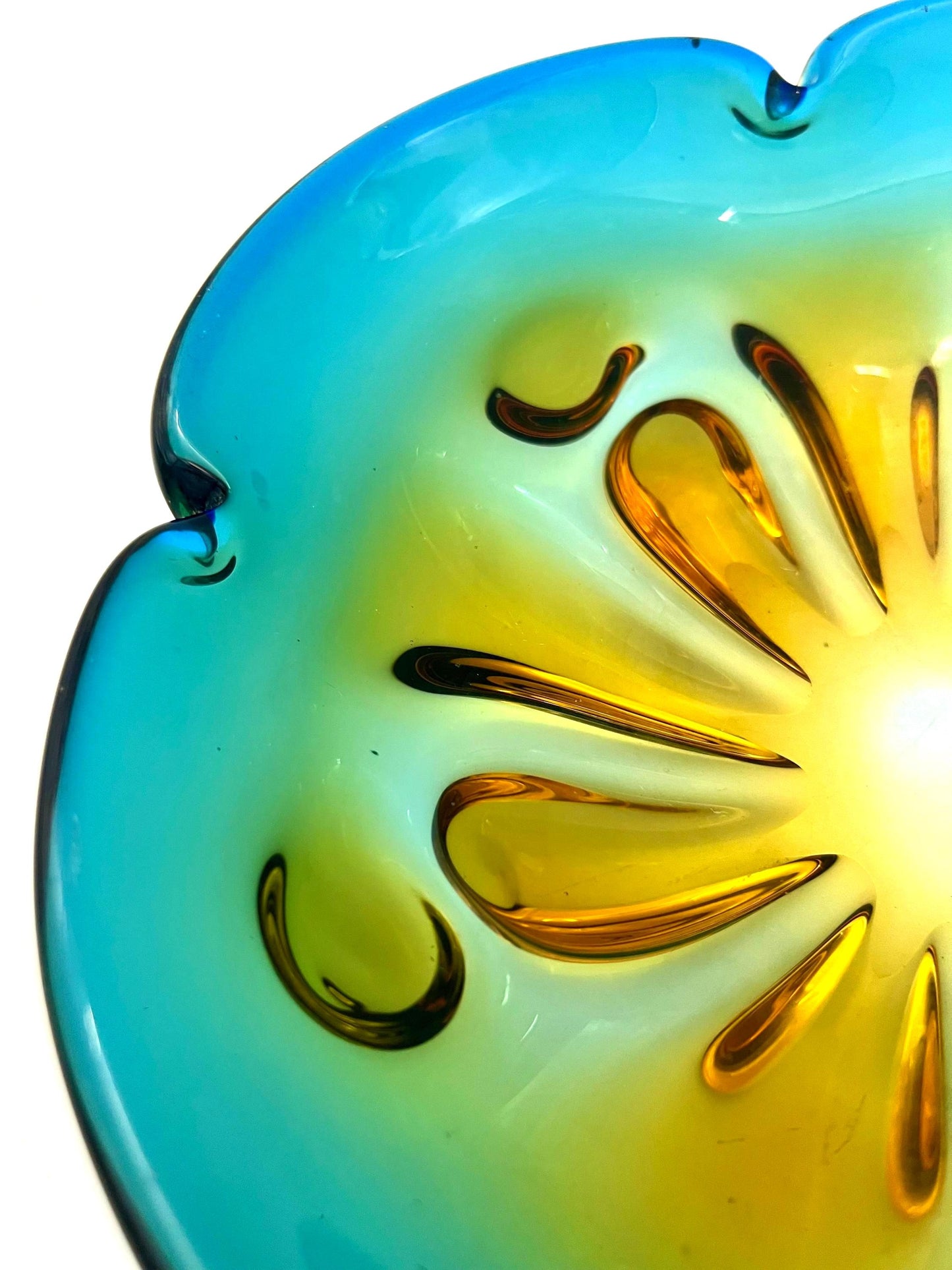 Large vintage art glass bowl with a smooth ombre transition from deep teal green to warm amber.