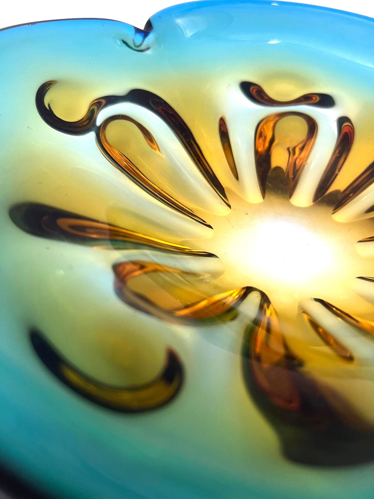 Large vintage art glass bowl with a smooth ombre transition from deep teal green to warm amber.