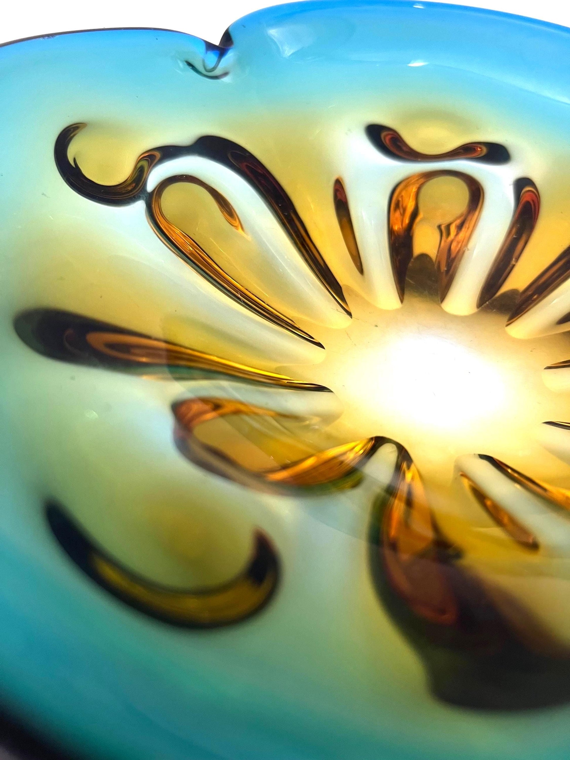 Large vintage art glass bowl with a smooth ombre transition from deep teal green to warm amber.