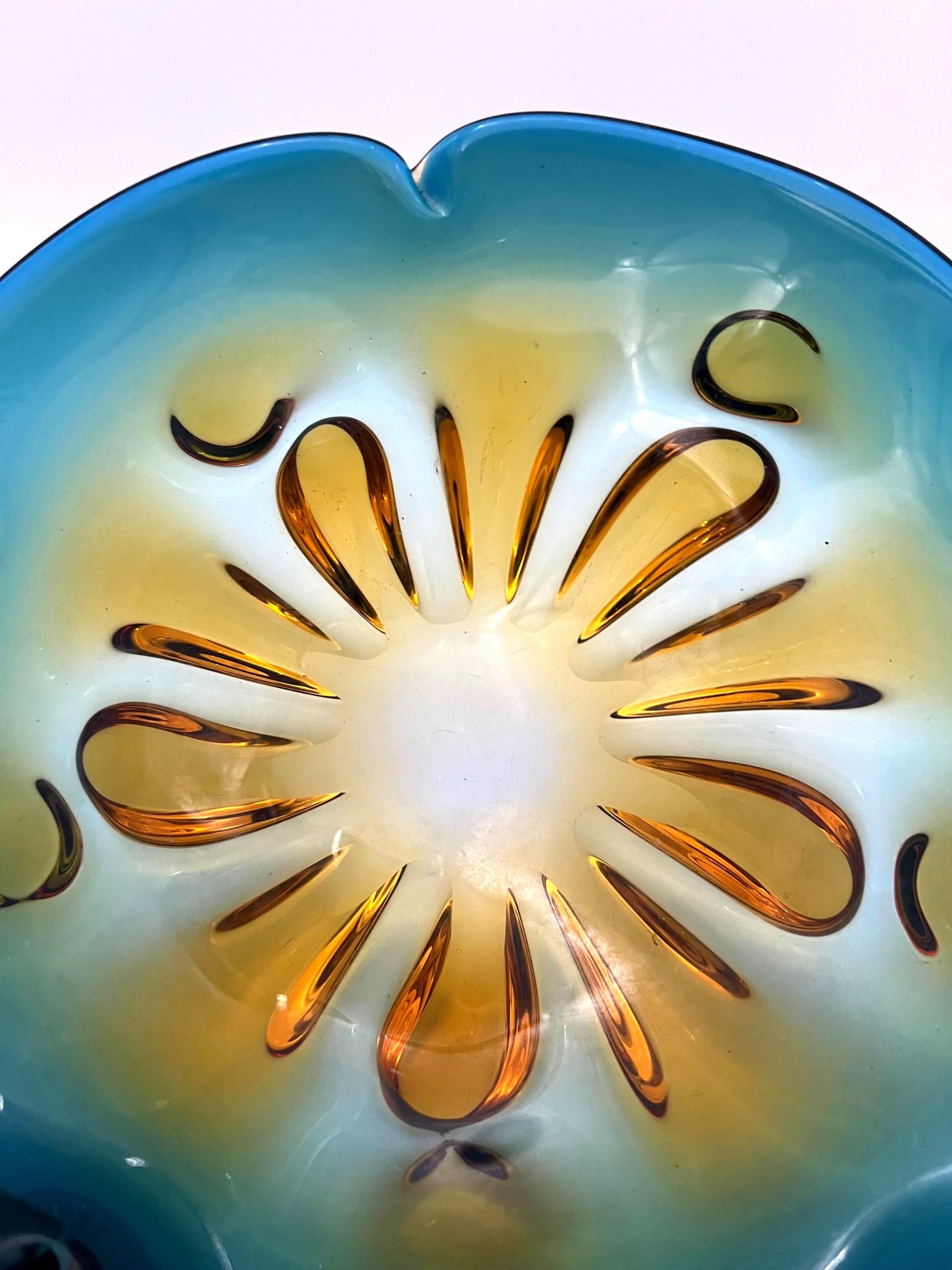 Large vintage art glass bowl with a smooth ombre transition from deep teal green to warm amber.