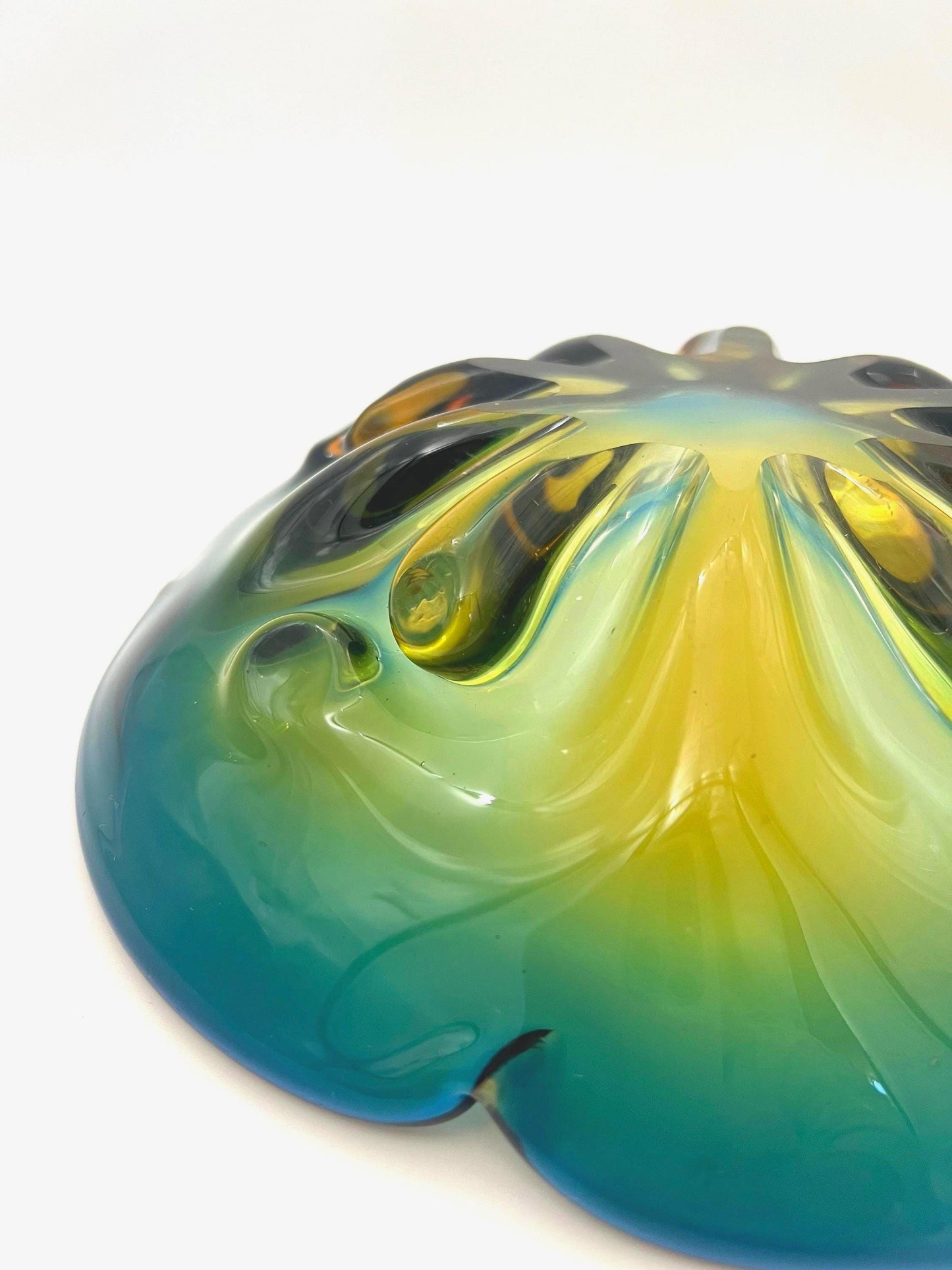 Large vintage art glass bowl with a smooth ombre transition from deep teal green to warm amber.