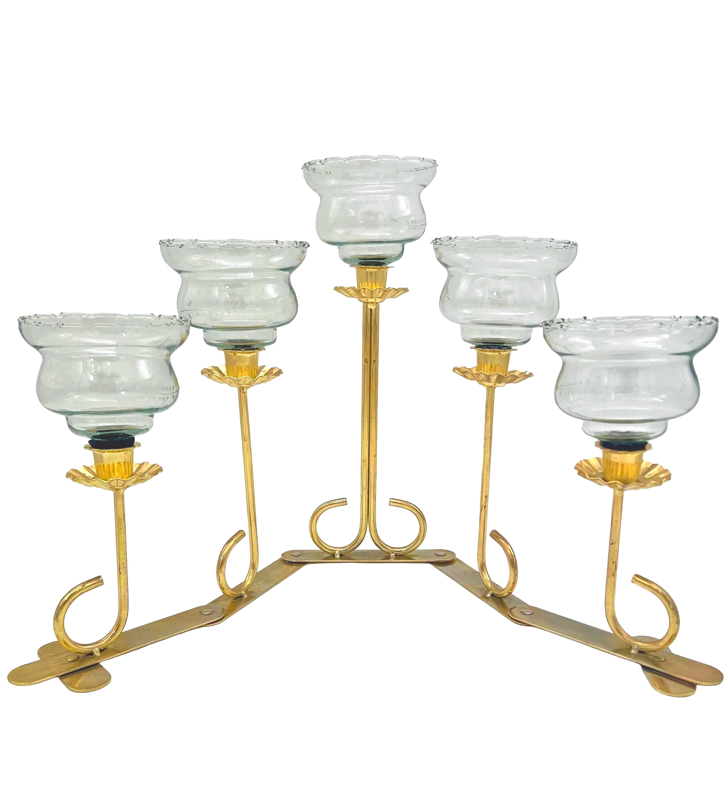 Mid-century solid brass candelabra with adjustable arms for custom candle positioning.