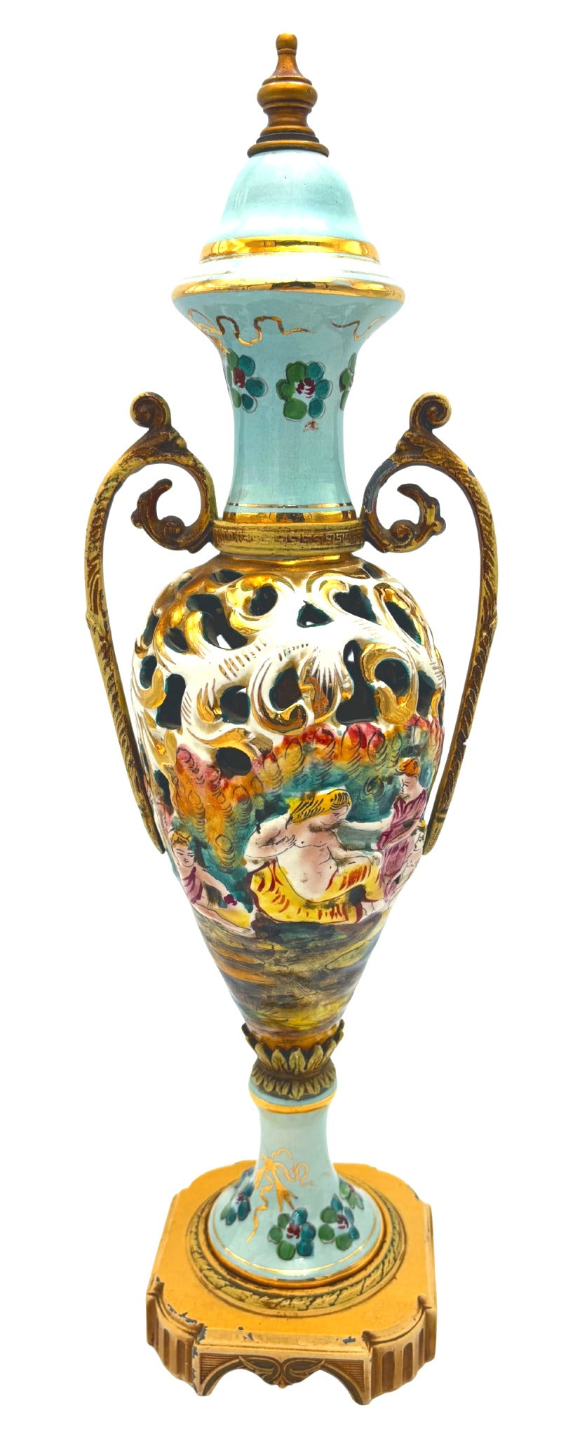 VINTAGE ITALIAN CAPODIMONTE STYLE TURQUOISE & GOLD LIDDED URN