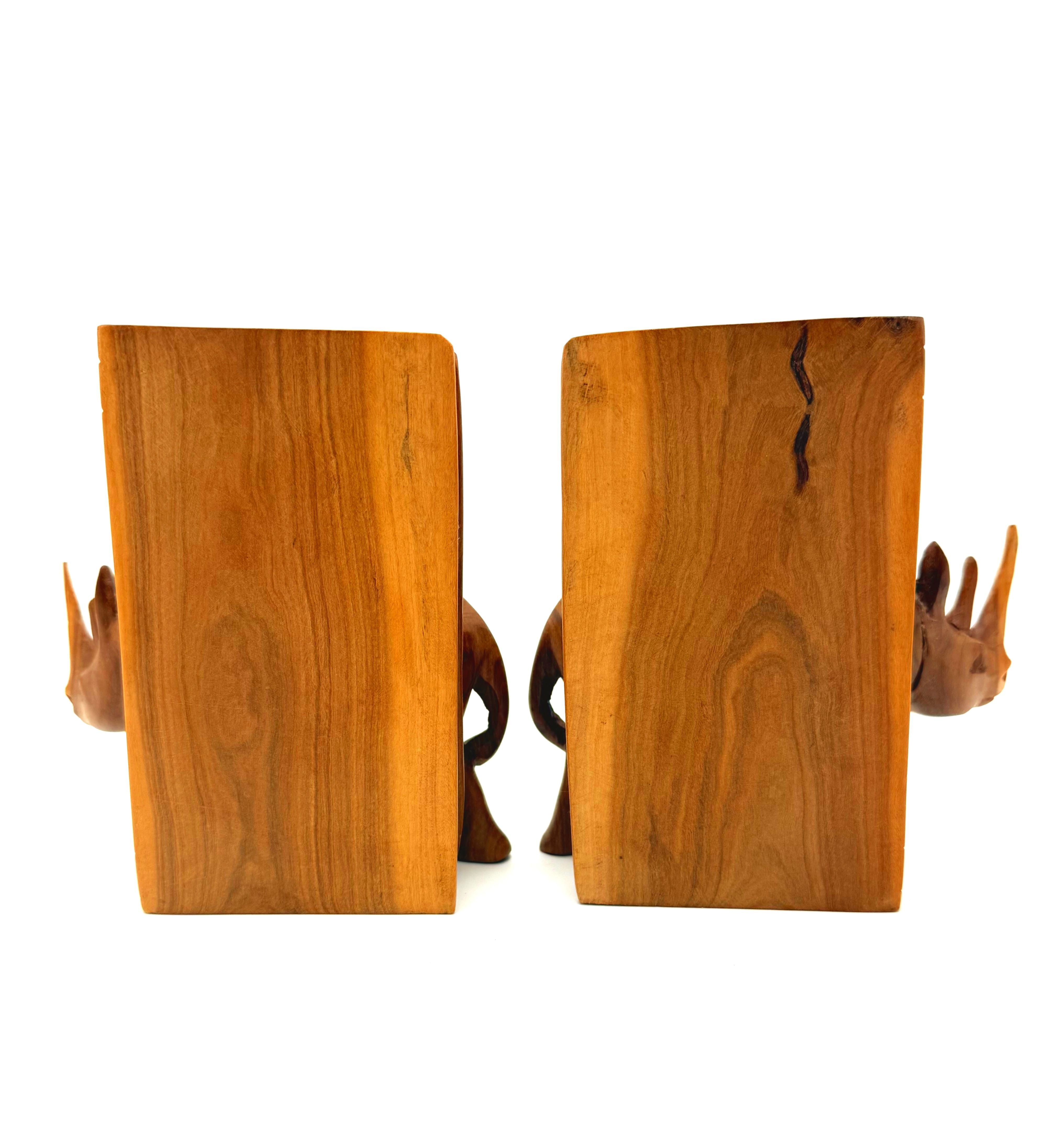 VINTAGE HAND CARVED WOOD RHINO BOOKENDS